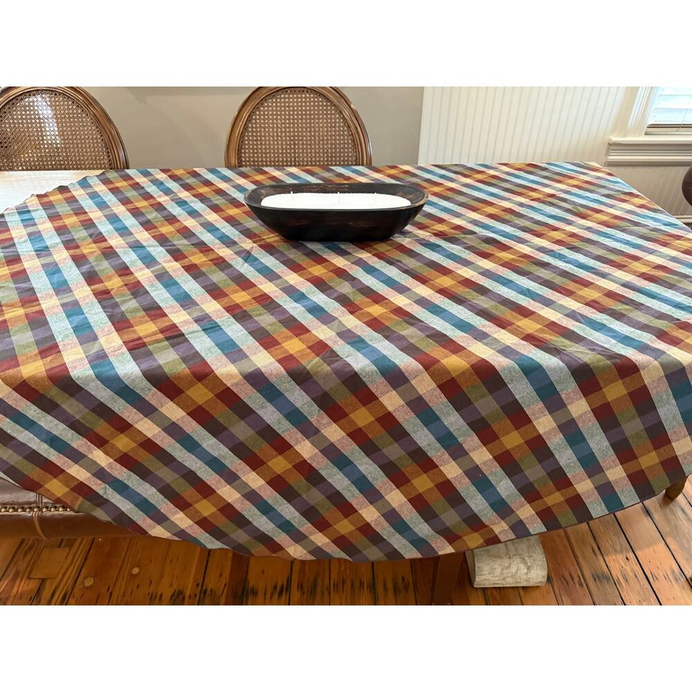 ZARA Home Checked Cotton Linen Tablecloth Maroon Olive Blue Multi